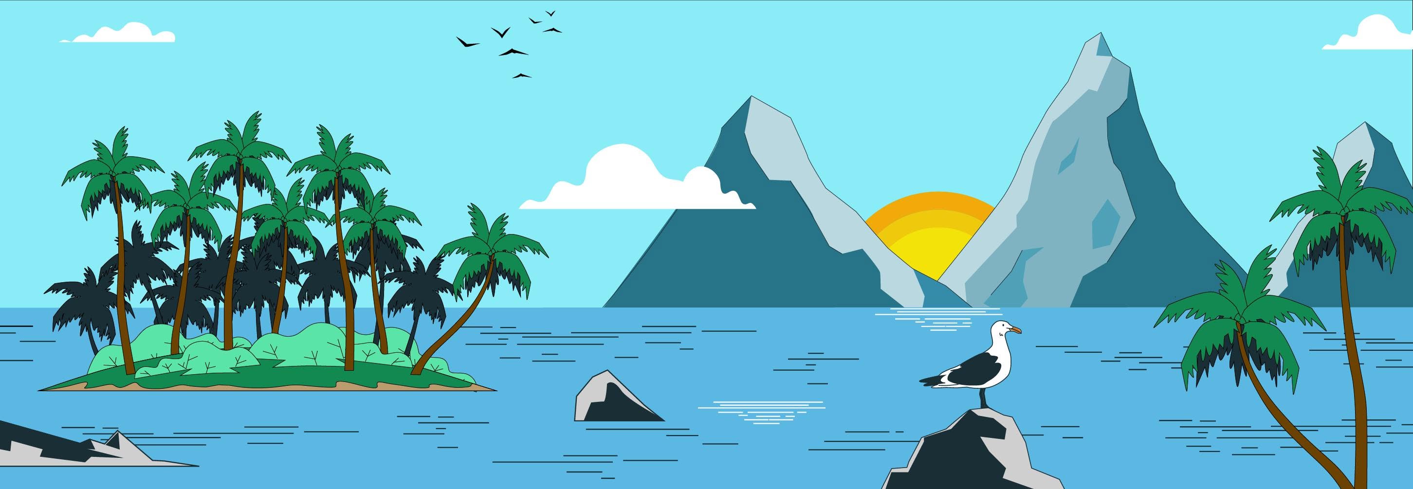 Event cover: an island of palm trees, mountains, a low sun and a seagull on a rock