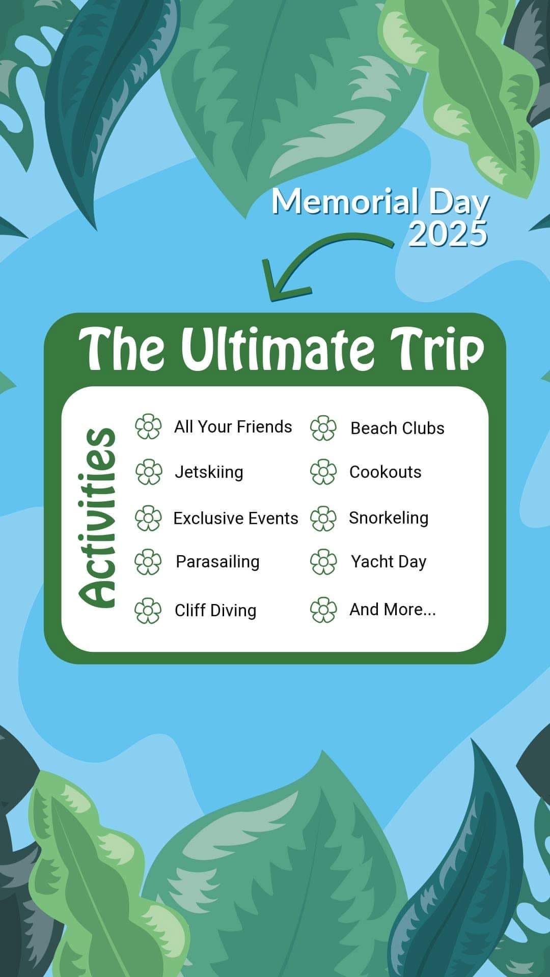 Memorial Day graphic listing the ultimate trip activities: beach clubs, jetskiing, snorkeling, parasailing, cliff diving and more