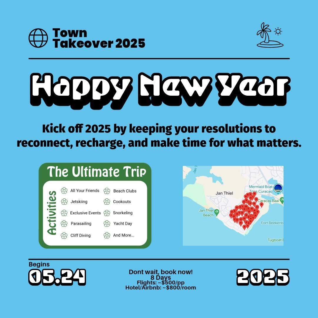 Happy New Year graphic: kick off 2025 by reconnecting, with the trip activities list, a map of Jan Thiel and the 05.24 start date