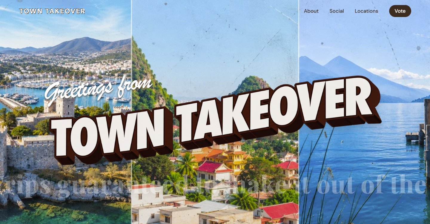Screenshot of the 2027 Town Takeover homepage